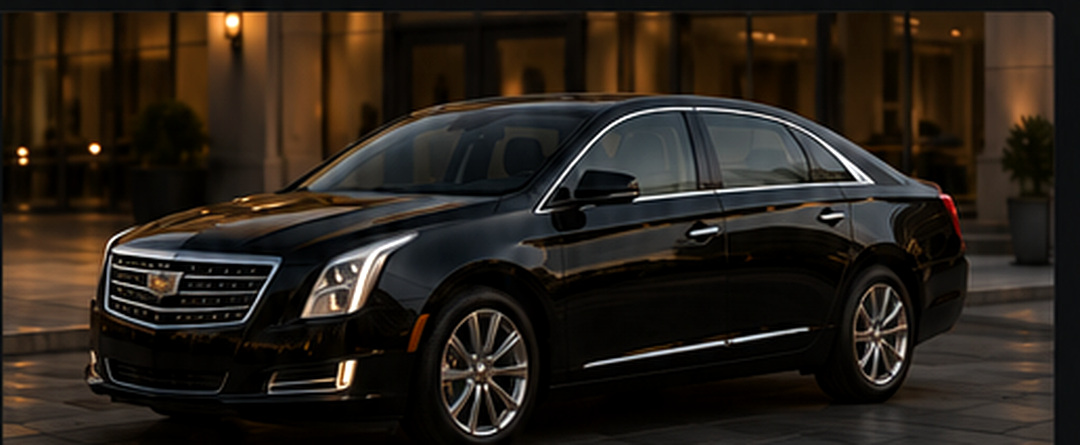 Black Cadillac XTS luxury sedan parked in an upscale arrival area
