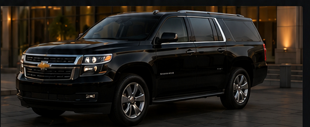 Black Chevy Suburban luxury SUV parked outside an executive building