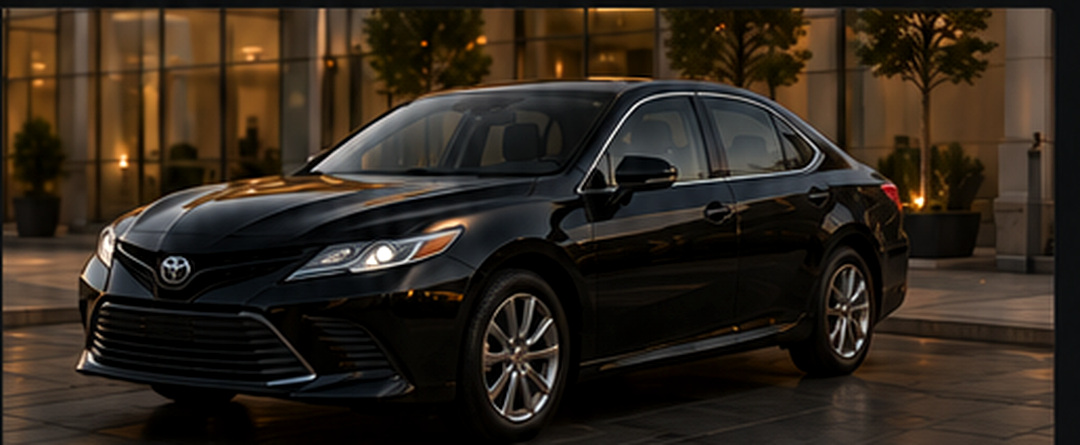 Black Toyota Camry luxury sedan parked outside an illuminated building