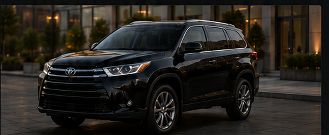 Black Toyota Highlander SUV outside a luxury hotel