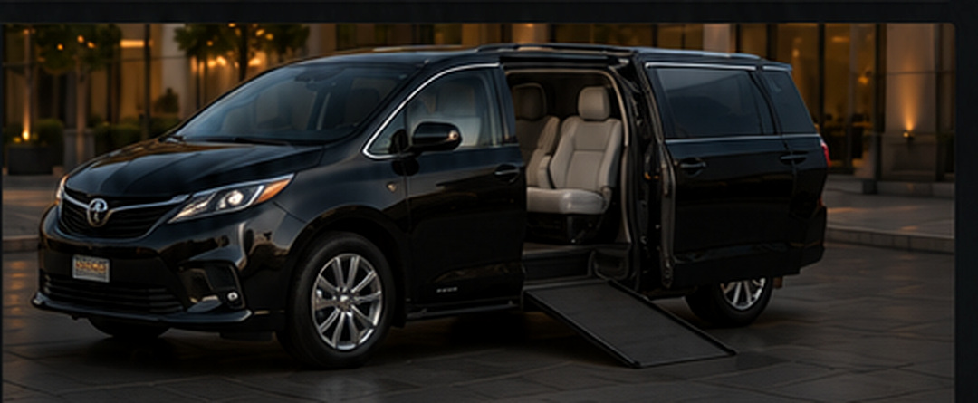 Black Toyota Sienna ADA accessible minivan with wheelchair ramp open